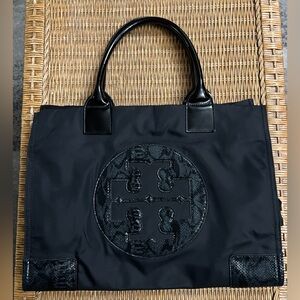 Tory Burch Black Ella Nylon Tote Bag with Logo